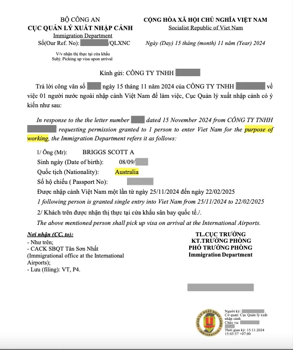 Vietnam visa approval letter for Australians
