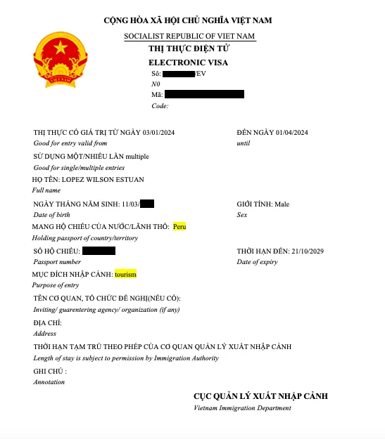 Vietnam tourist visa from Peru