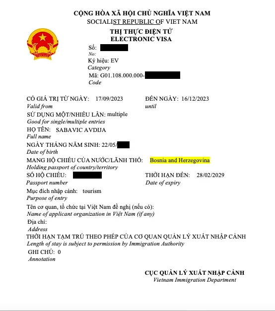 Vietnam visa on arrival for Bosnia and Herzegovina citizens