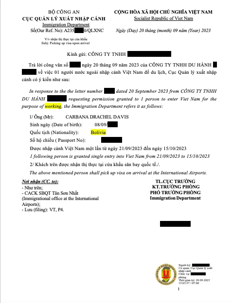 Vietnam business visa from Bolivia