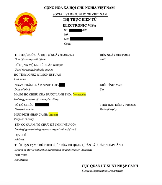 Vietnam tourist visa in Venezuela