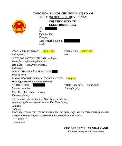 Vietnam visa on arrival for Uruguayan citizens