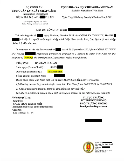 Vietnam business visa for Turkmenistan
